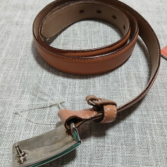 Talbots XL Butterscotch Color Leather Belt with Silver Metal Shield Buckle - Picture 5 of 12